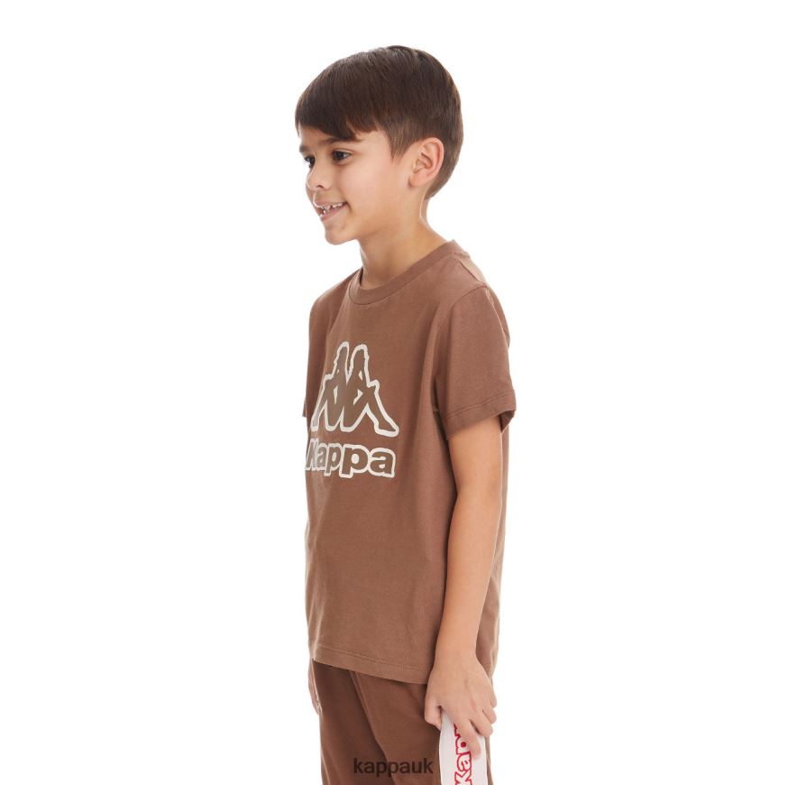 Kappa Kids Logo Tape Bant T-Shirt Brown 408H4N735 - Kappa Tracksuit UK