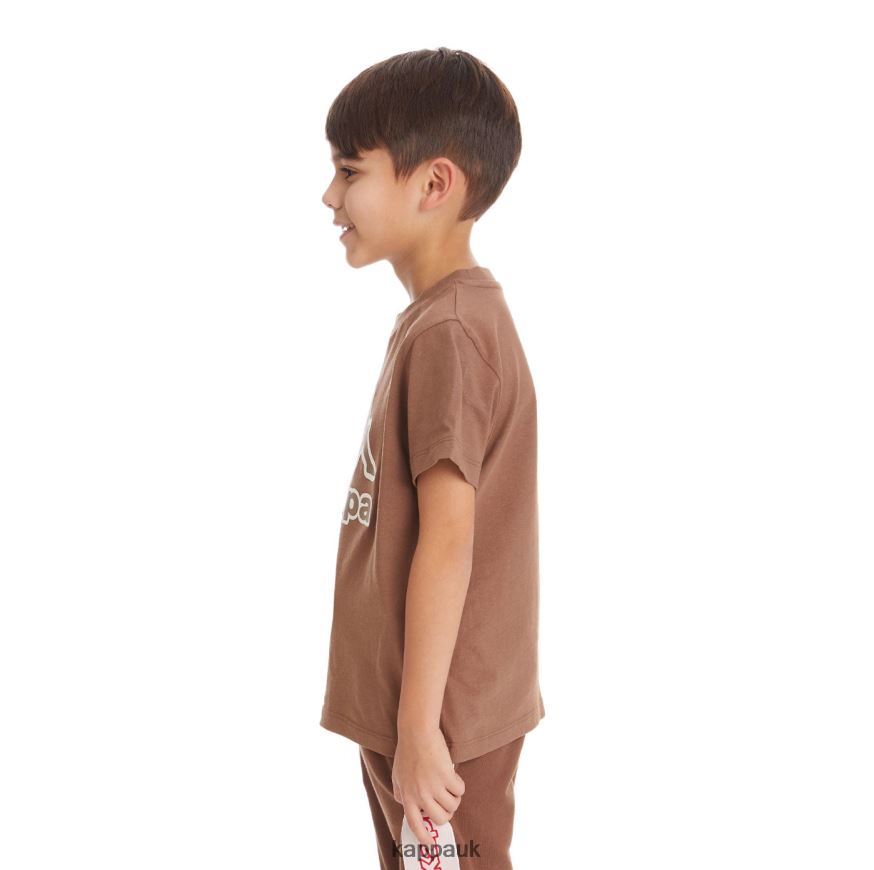 Kappa Kids Logo Tape Bant T-Shirt Brown 408H4N735 - Kappa Tracksuit UK